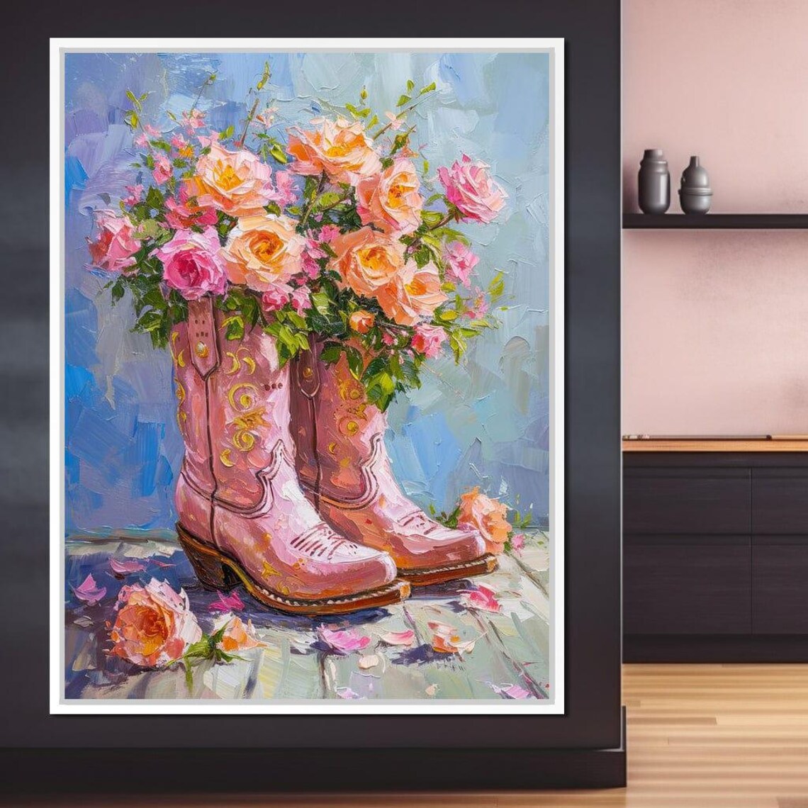 Pink Cowboy Boots Roses Impasto Floral Western Chic Wall Poster - Image 4