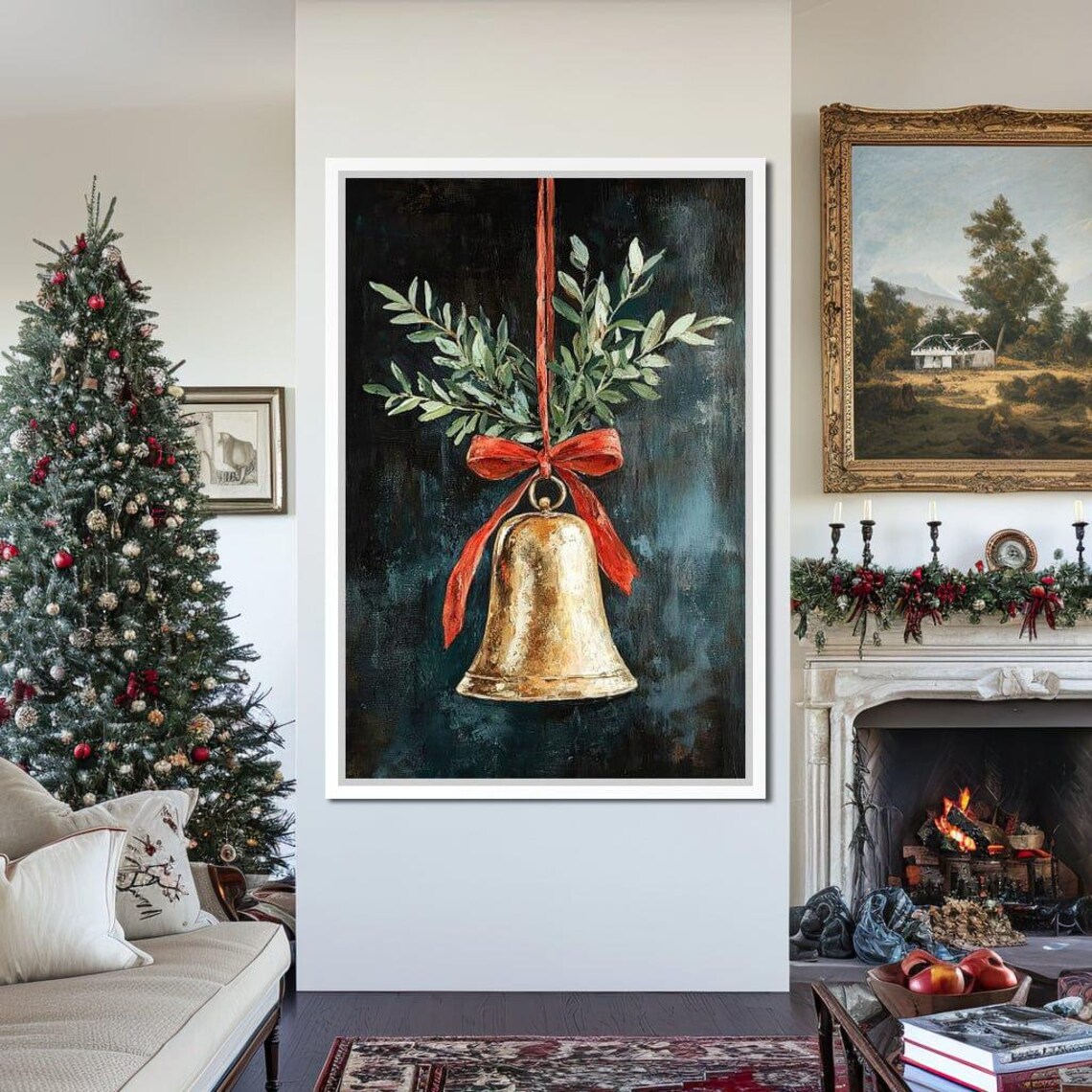 Golden Christmas Bell Hanging Red Ribbon Holly Holiday Poster - Image 3
