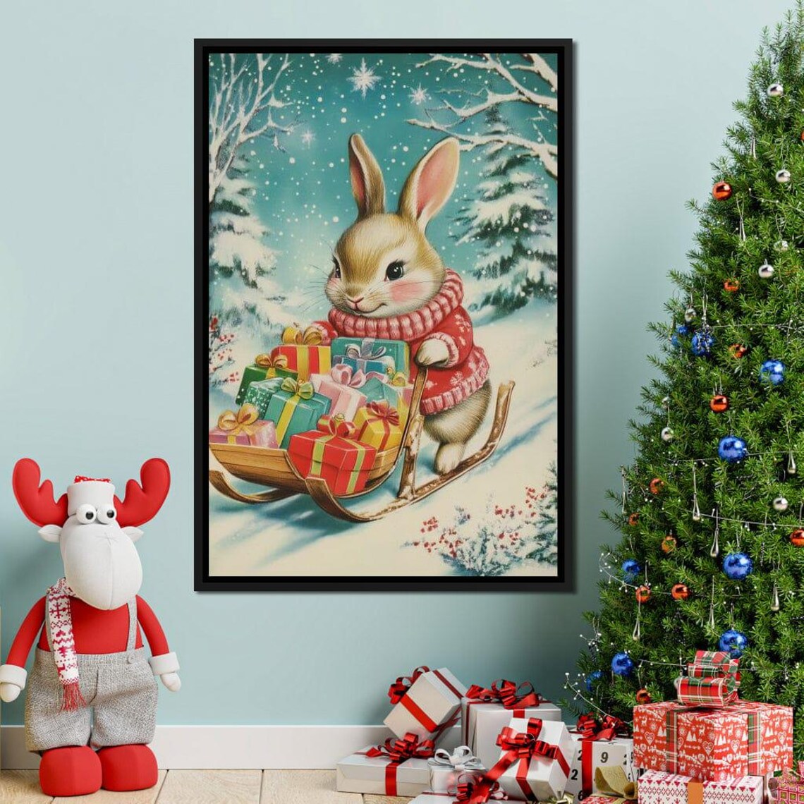 Christmas Bunny Red Sweater Sled of Gifts Snowy Scene Holiday Art Print - Image 3