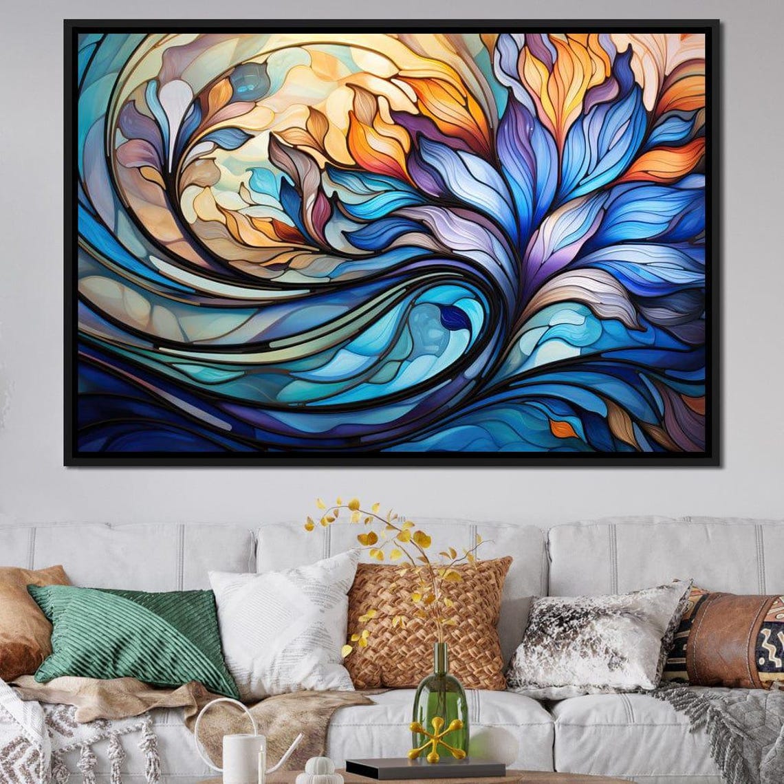 Stained Glass Style Abstract Floral Waves Blue Orange Bloom Poster - Image 2