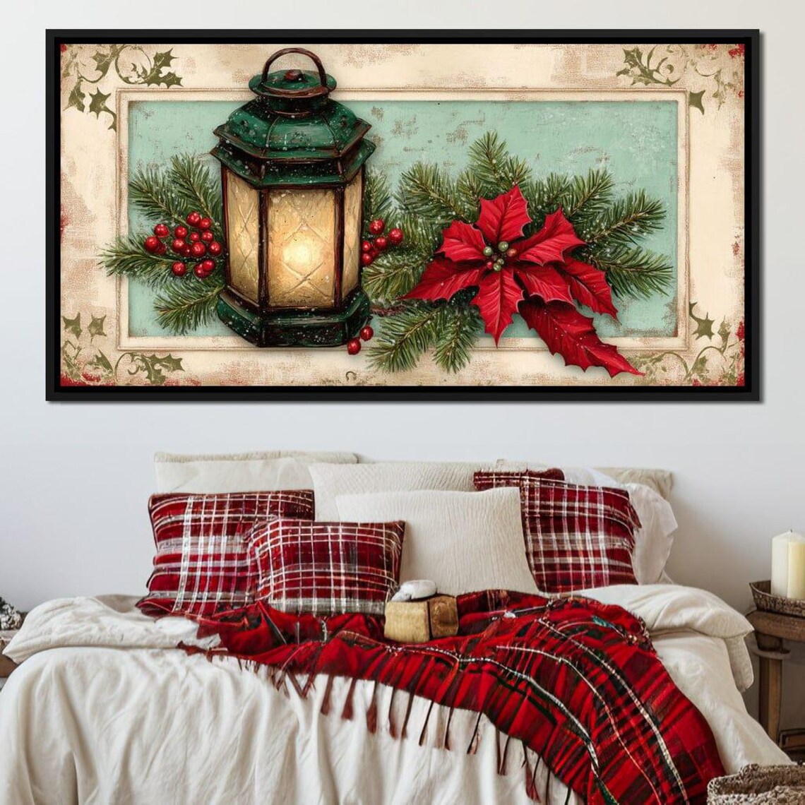 Rustic Green Lantern With Poinsettia Pine Vintage Christmas Poster - Image 2