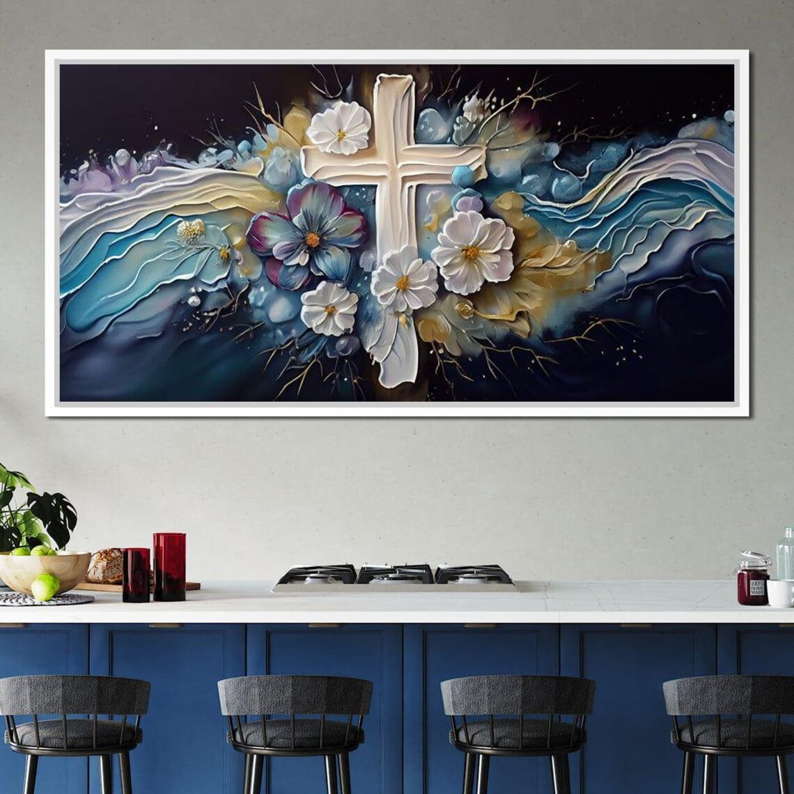White Floral Cross On Midnight Blue Abstract Christian Faith Poster