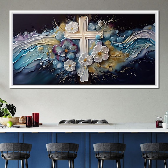 White Floral Cross On Midnight Blue Abstract Christian Faith Poster