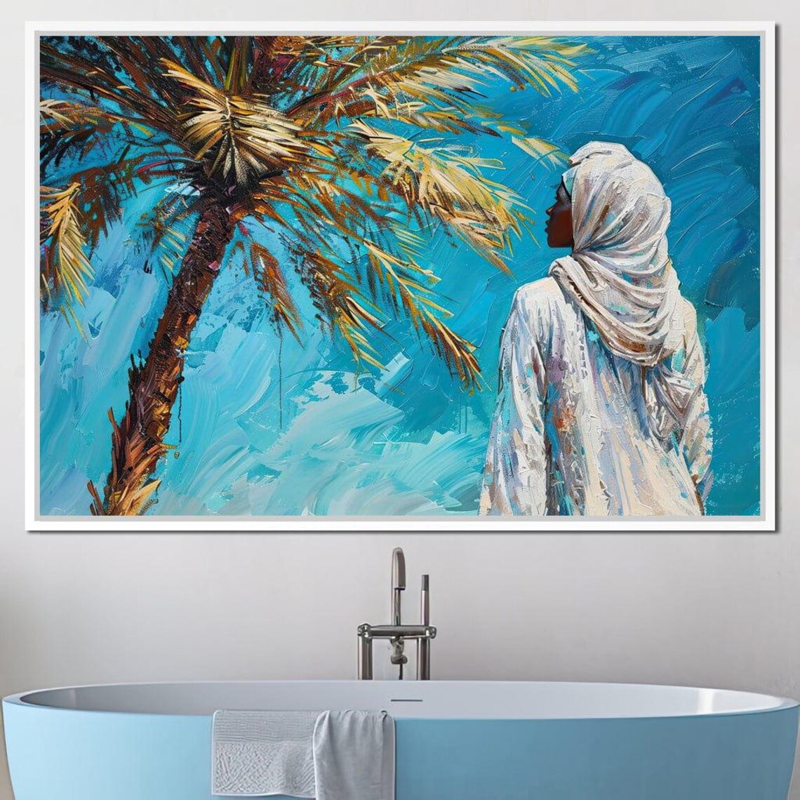 Azure Palm Woman In White Among Palm Trees Turquoise Sea Art Poster - Image 4