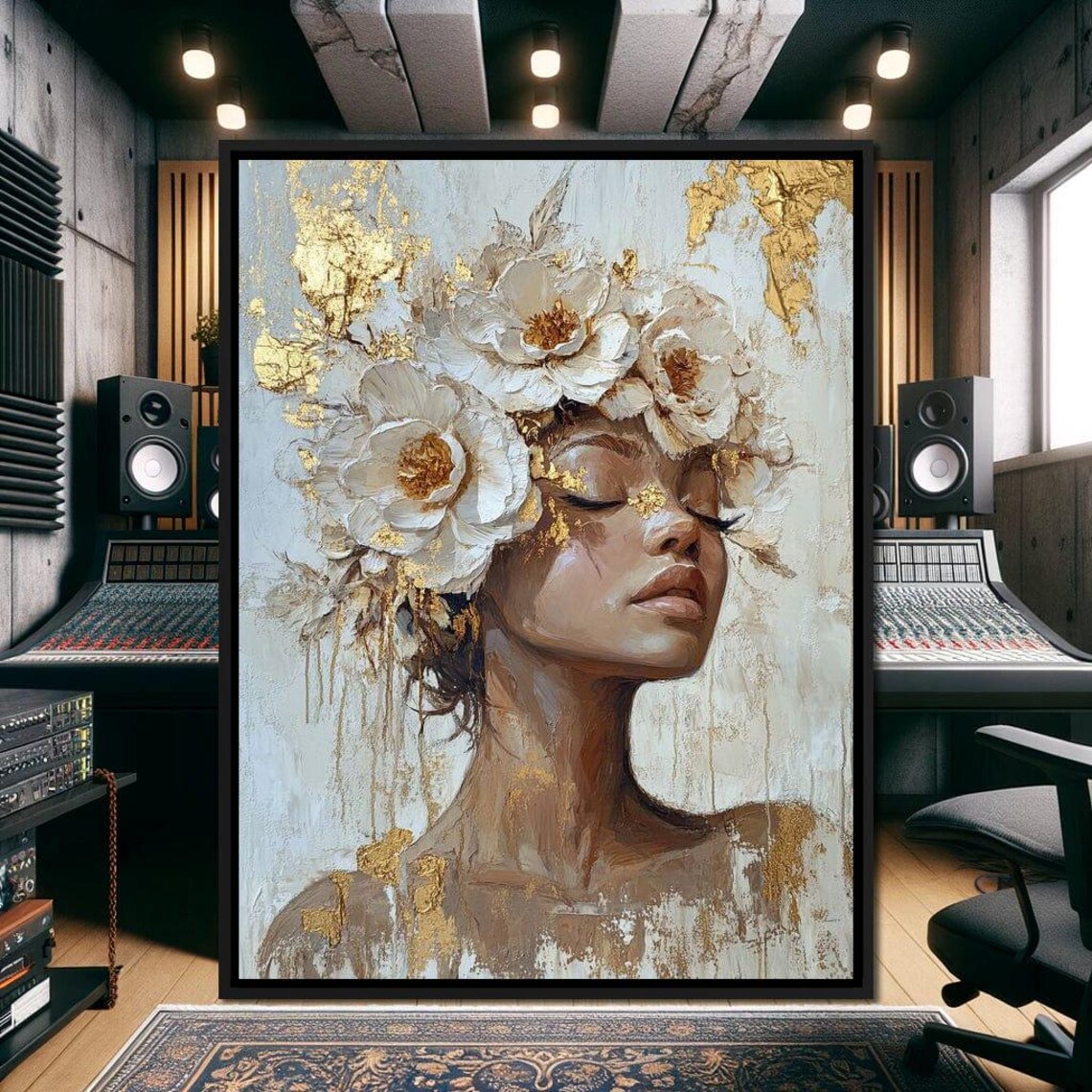 Elegant Woman White Flower Crown Gold Leaf Dreamy Portrait Art Poster - Image 4