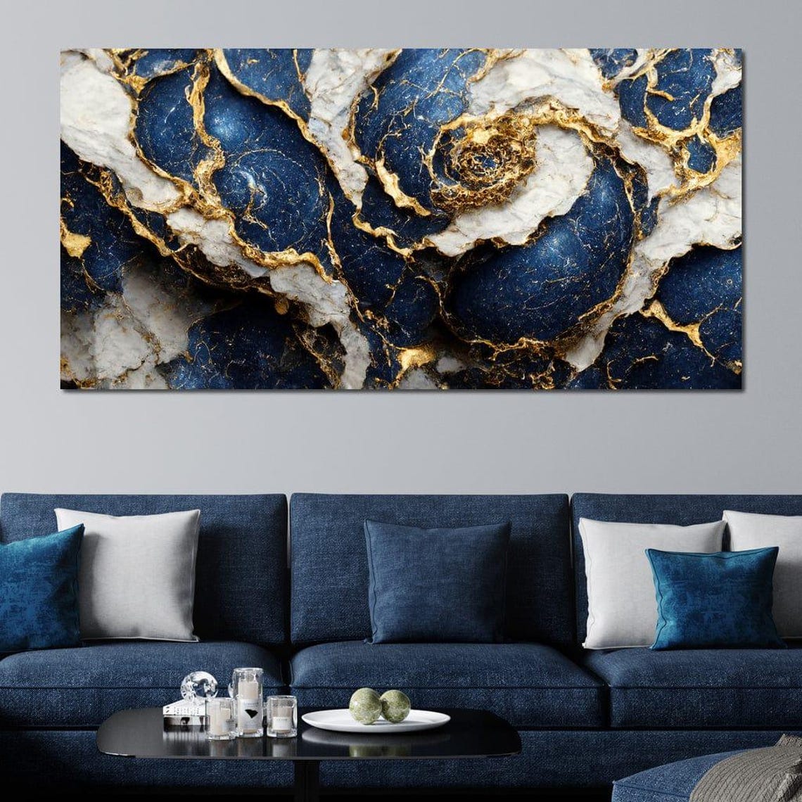 Navy Blue White Gold Marble Five Panel Luxury Abstract Wall Art - Image 4