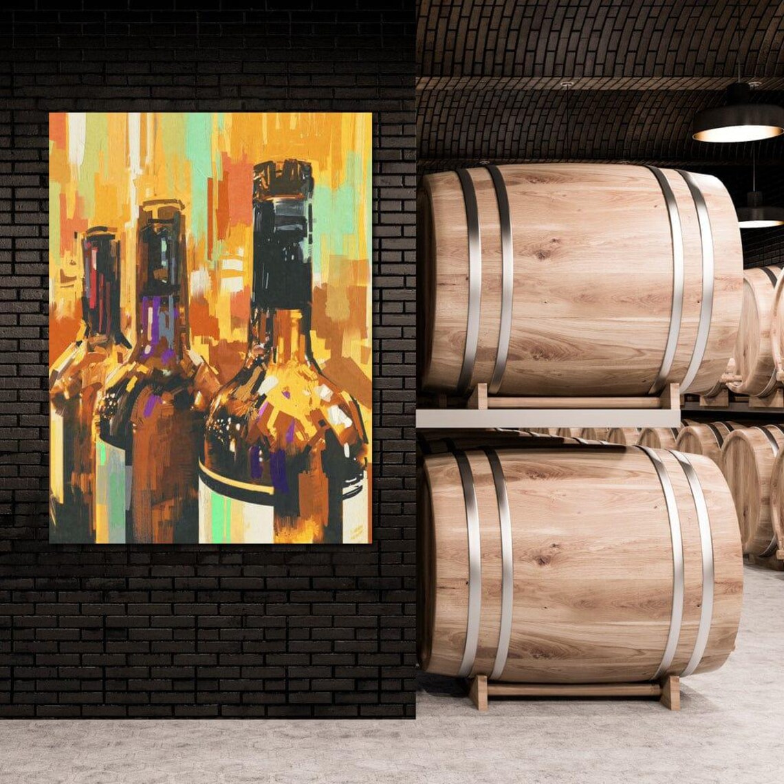 Three Wine Bottles Abstract Art Amber Oil Painting Kitchen Bar Wall Print - Image 3