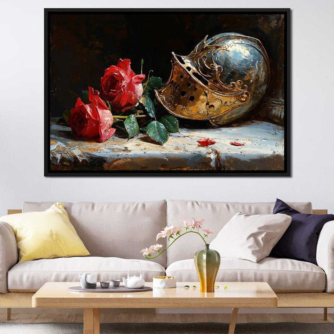 Red Roses And Knight Helmet Baroque Oil Still Life Wall Art Poster - Image 3