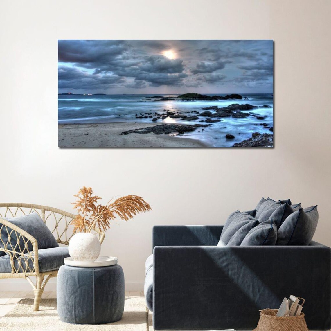 Moonlit Rocky Beach Night Ocean Waves Coastal Seascape Travel Poster - Image 3