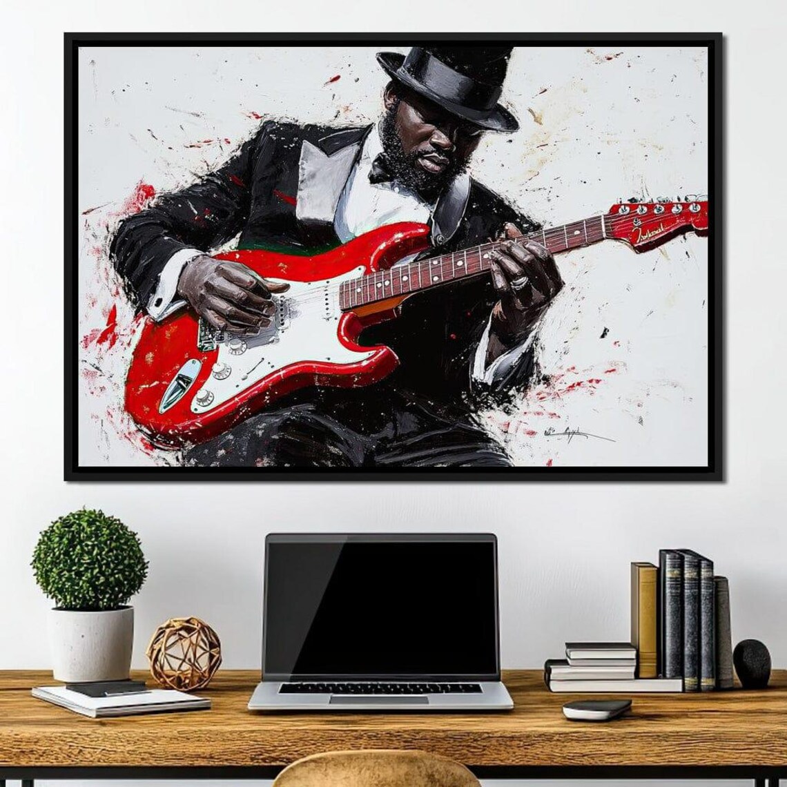 Jazz Musician Red Electric Guitar Splatter Framed Music Wall Art - Image 4