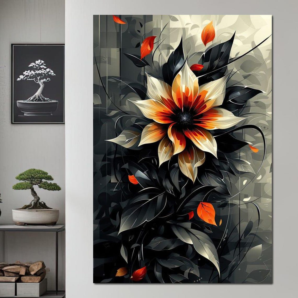 Fiery Blossom Silhouette Cream Orange Flower Dark Botanical Wall Art - Image 3