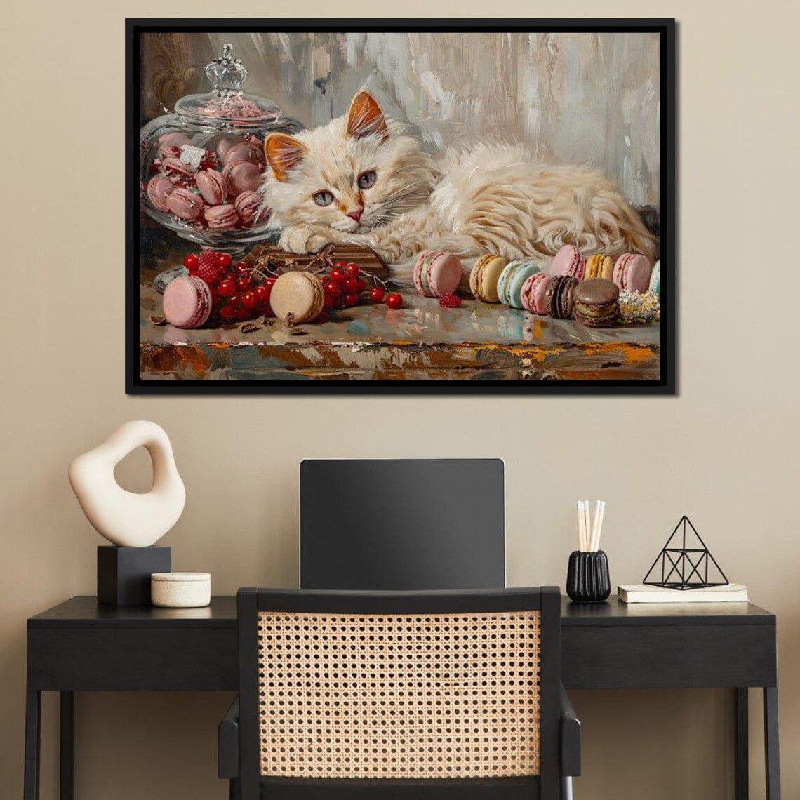 Fluffy White Cat Macaron Dessert Oil Painting Sweet Whimsical Animal Wall Poster - Image 4