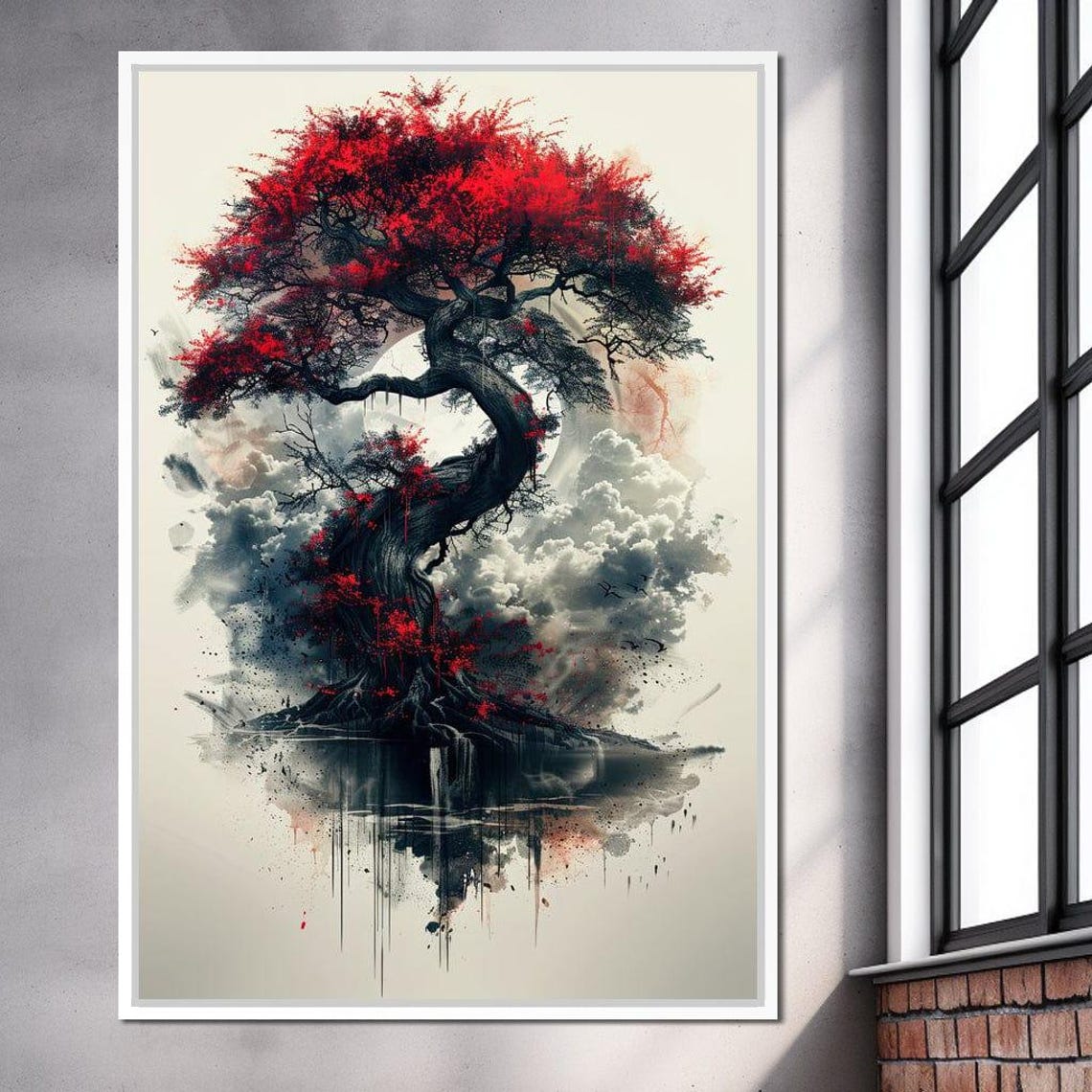Red Japanese Maple Tree Ink Painting Mist Reflection Zen Wall Art - Image 3