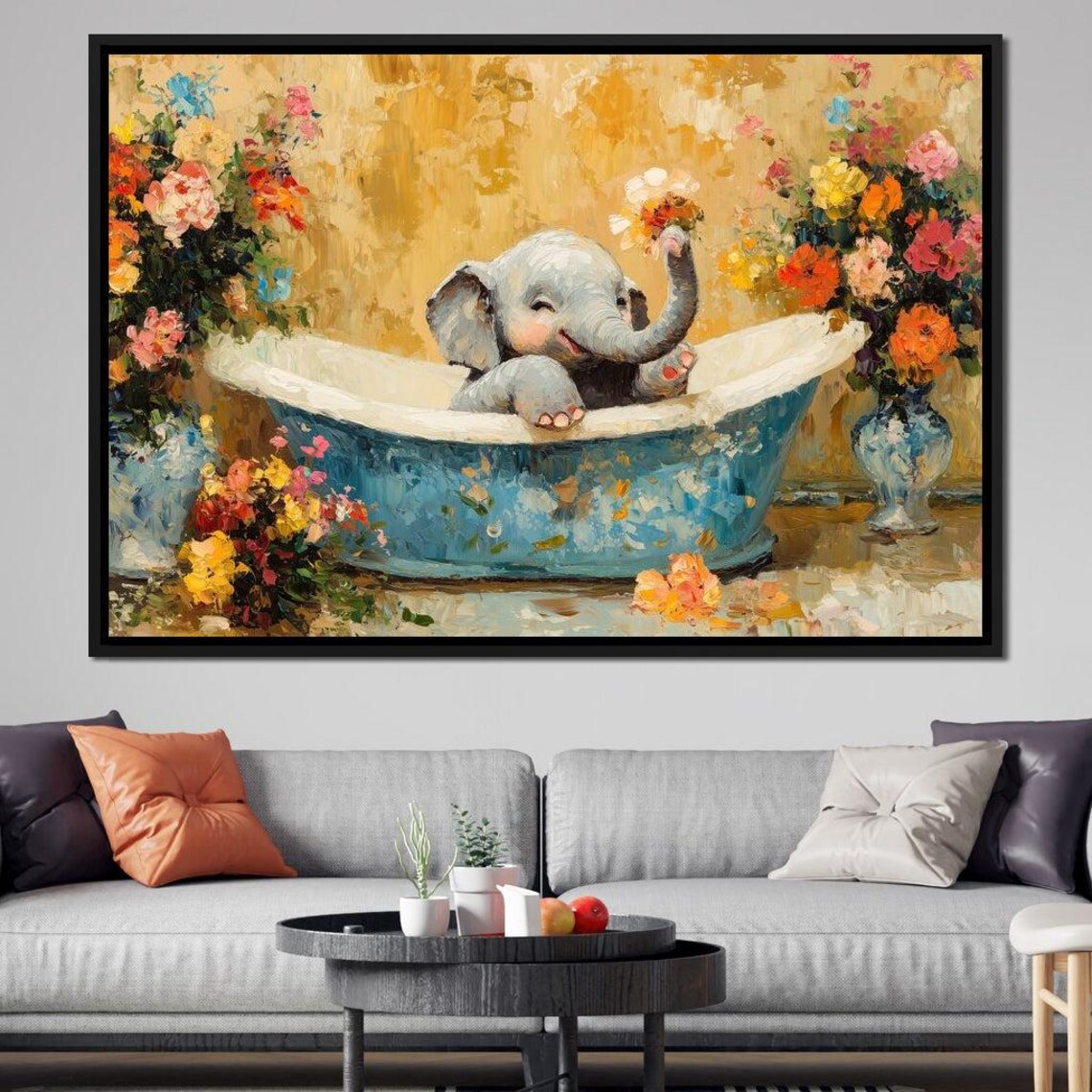 Baby Elephant Floral Bathtub Cute Whimsical Flower Bath Animal Wall Print - Image 3
