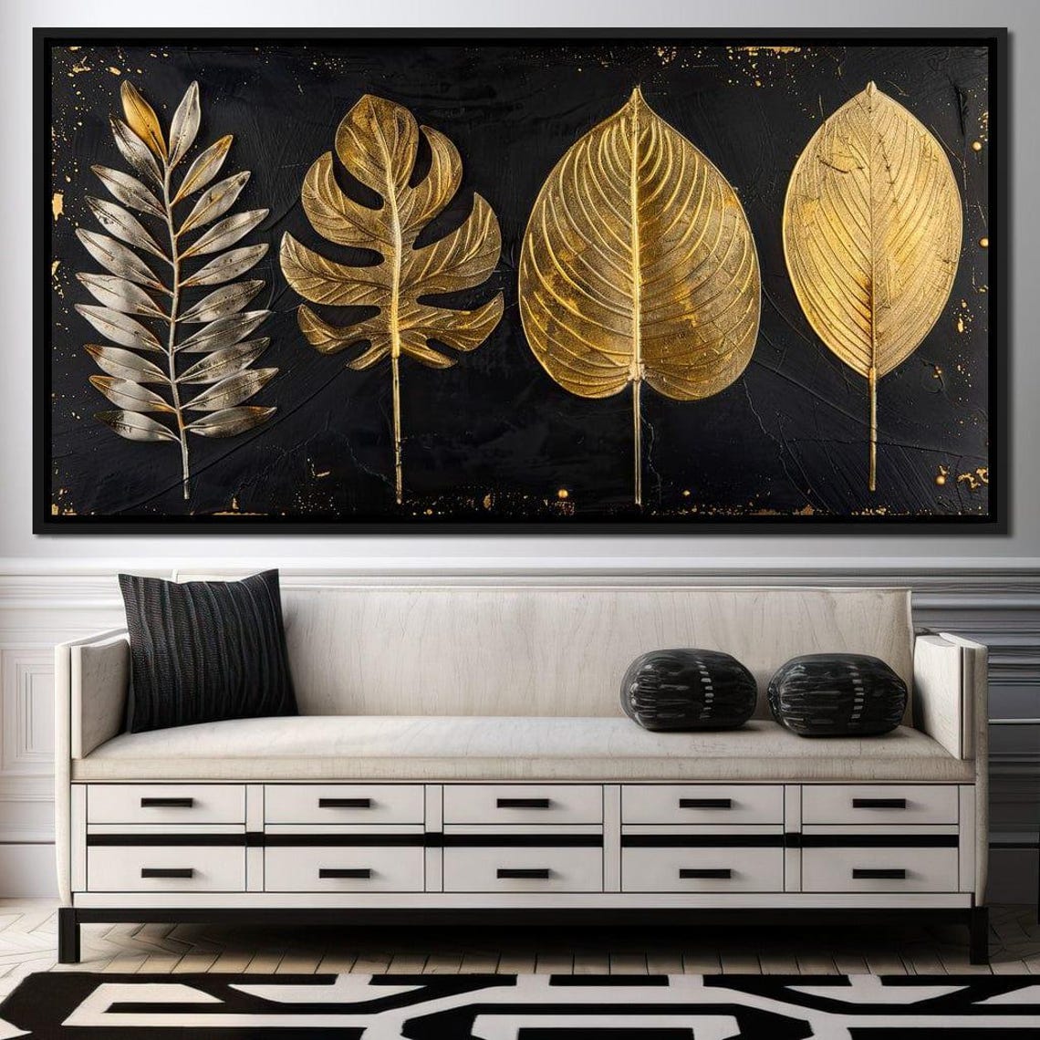 Gold Leaves Black Background Elegant Botanical Luxe Modern Wall Art - Image 2