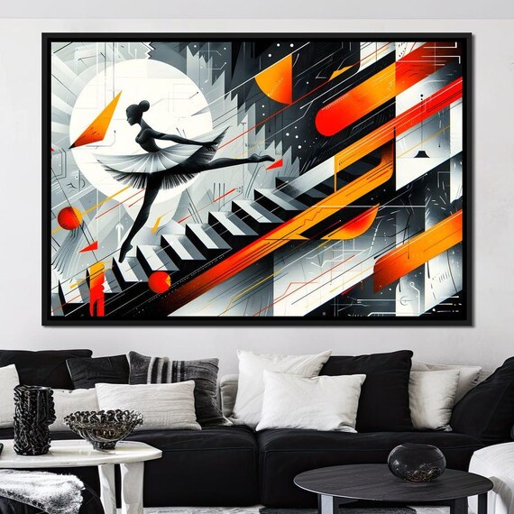 Ballerina Dancer Geometric Orange Black Abstract Framed Art Wall Art