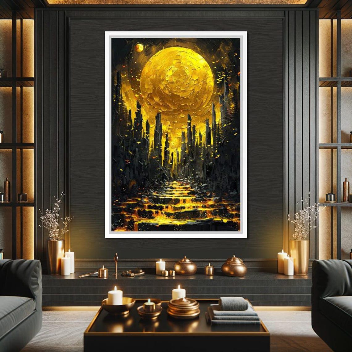 Golden Moon Dark Fantasy Landscape Monoliths Mystical Surreal Poster - Image 2