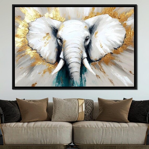 White Elephant Head with Golden Radiance and Teal Accents Poster