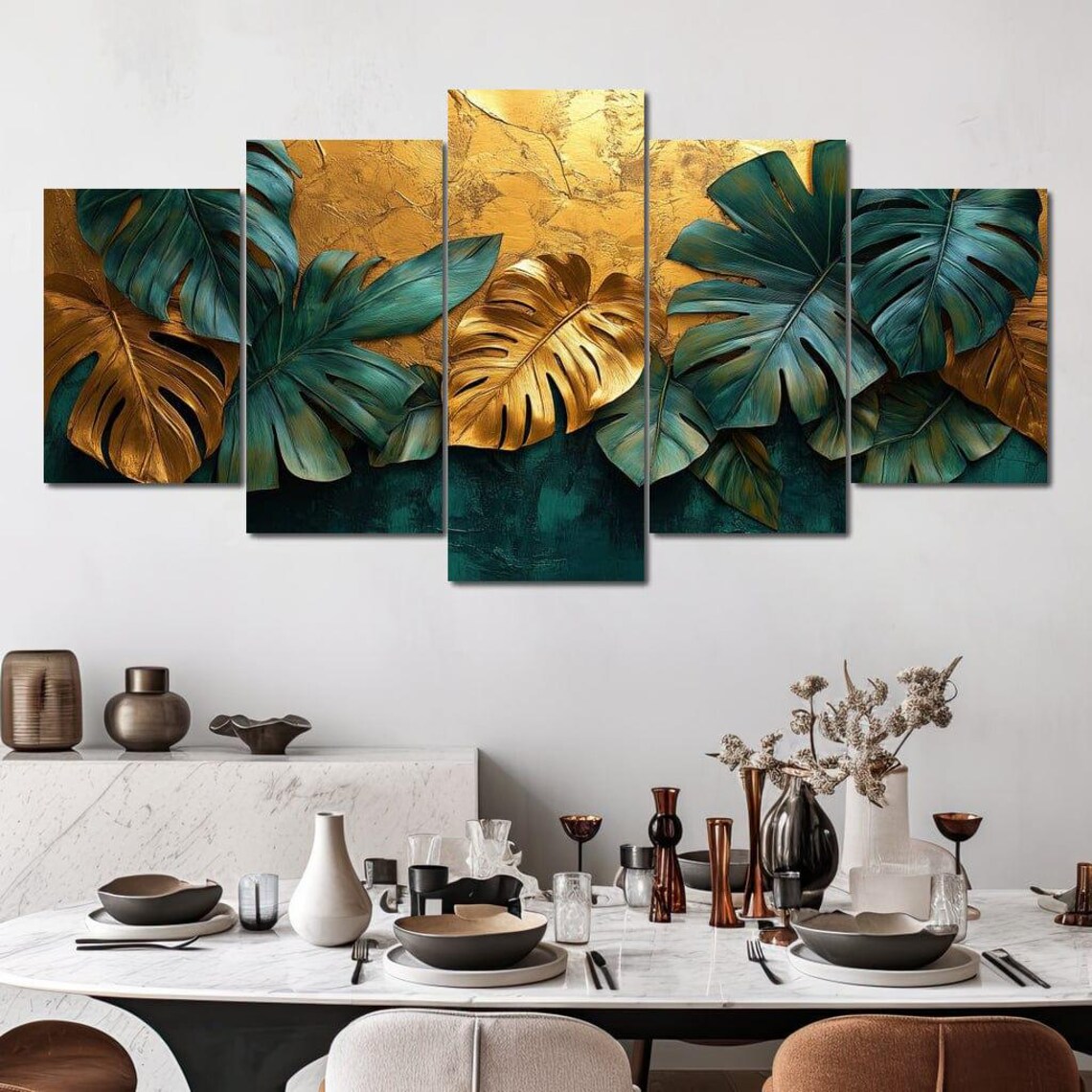 Golden Monstera Leaves Green Teal Luxe Botanical Elegance Wall Art - Image 3