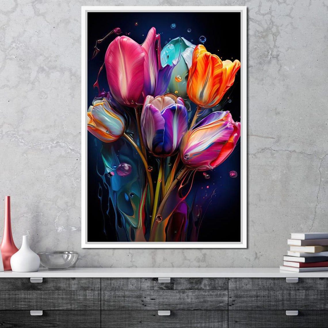 Luminous Tulips Vibrant Multicolor Bouquet On Dark Floral Art Poster - Image 3