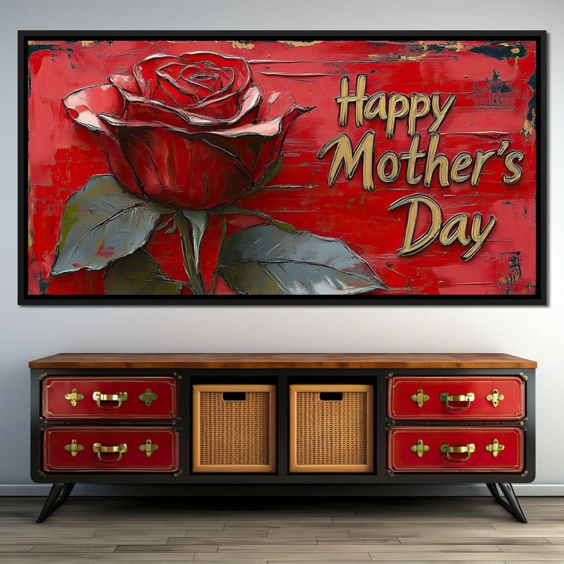 Happy Mothers Day Red Rose Gold Script Distressed Floral Gift Poster
