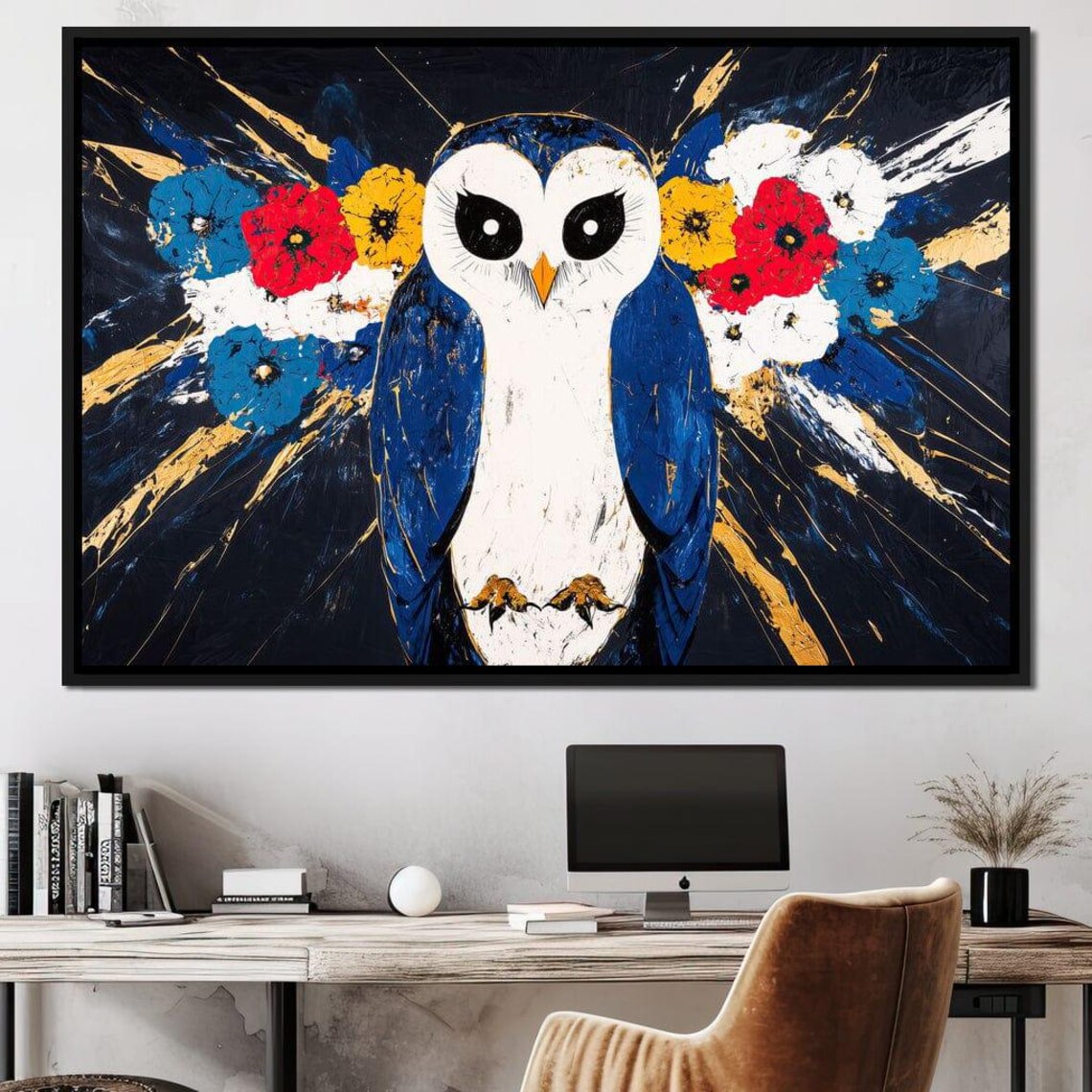 White Barn Owl With Blue Wings Colorful Floral Midnight Art Poster