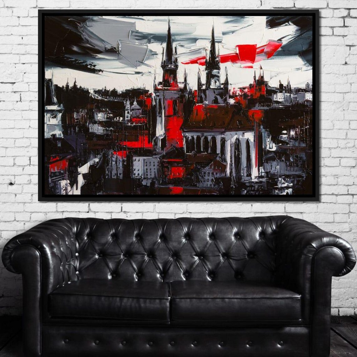 Gothic Cathedral City Skyline Dark Red Oil Painting Urban Art Print - Image 2