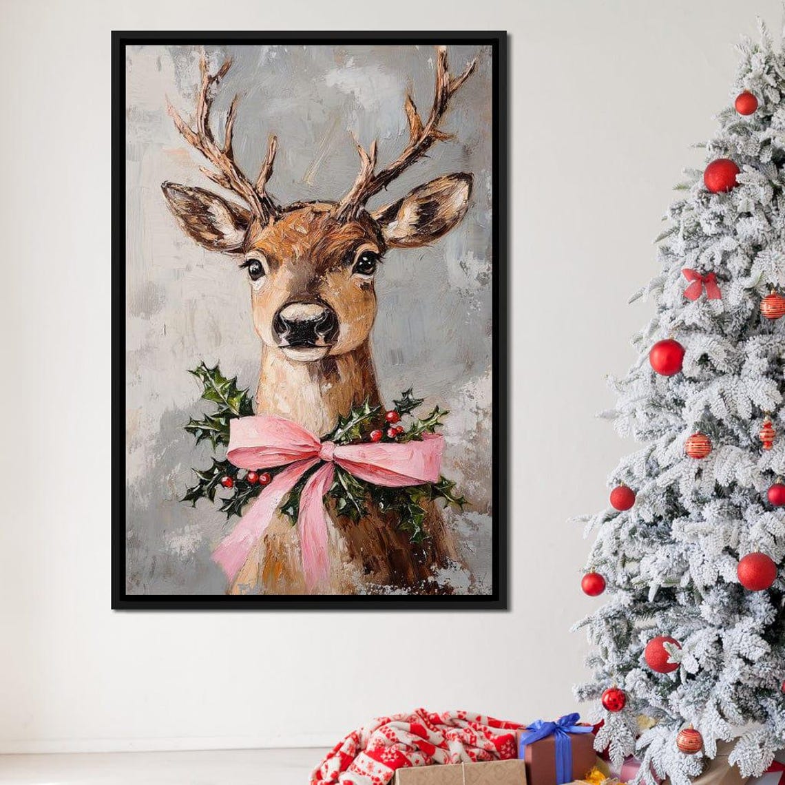 Christmas Reindeer Pink Bow Holly Wreath Festive Winter Wall Art Print