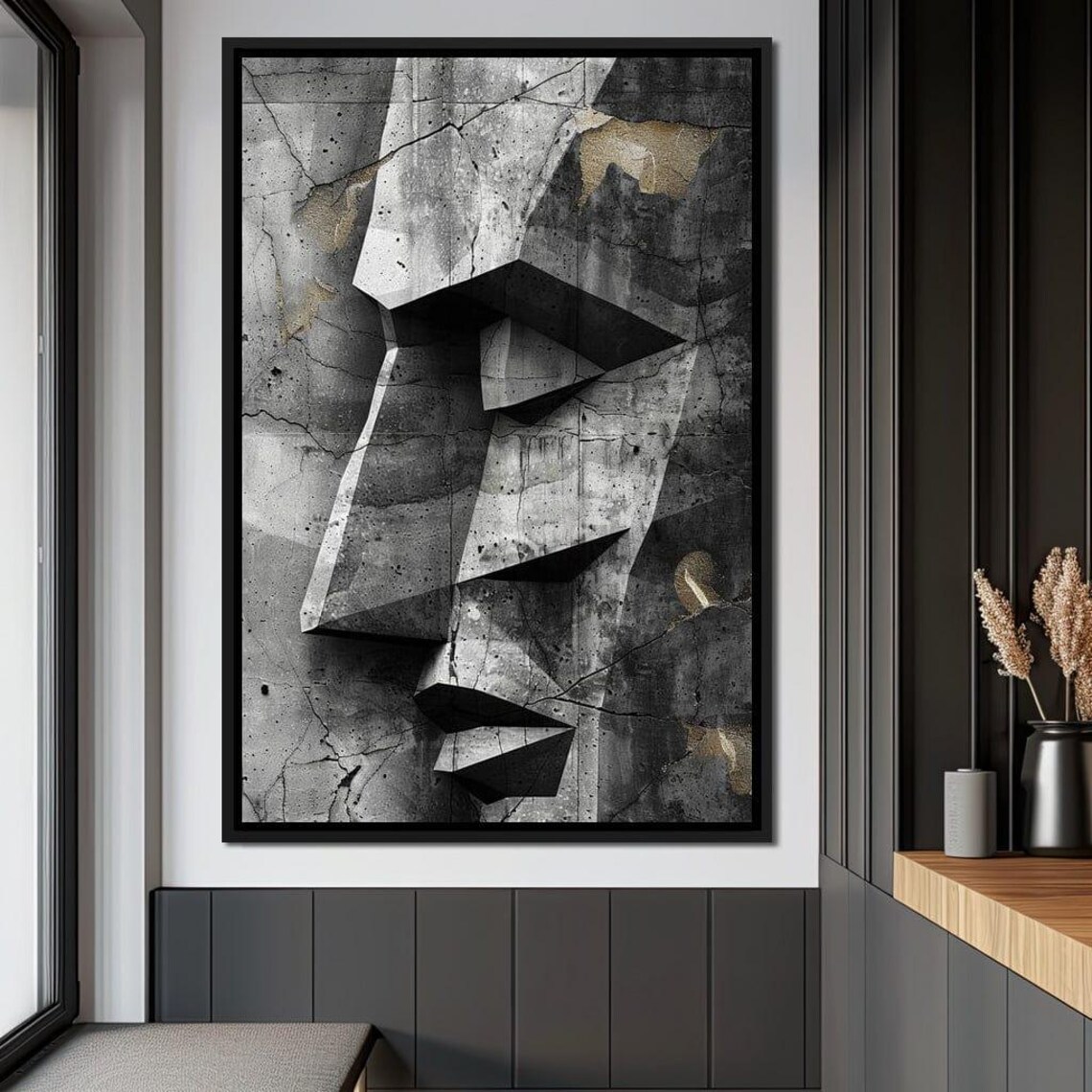 Monochrome Geometric Stone Face Cracked Concrete Texture Art Poster - Image 4