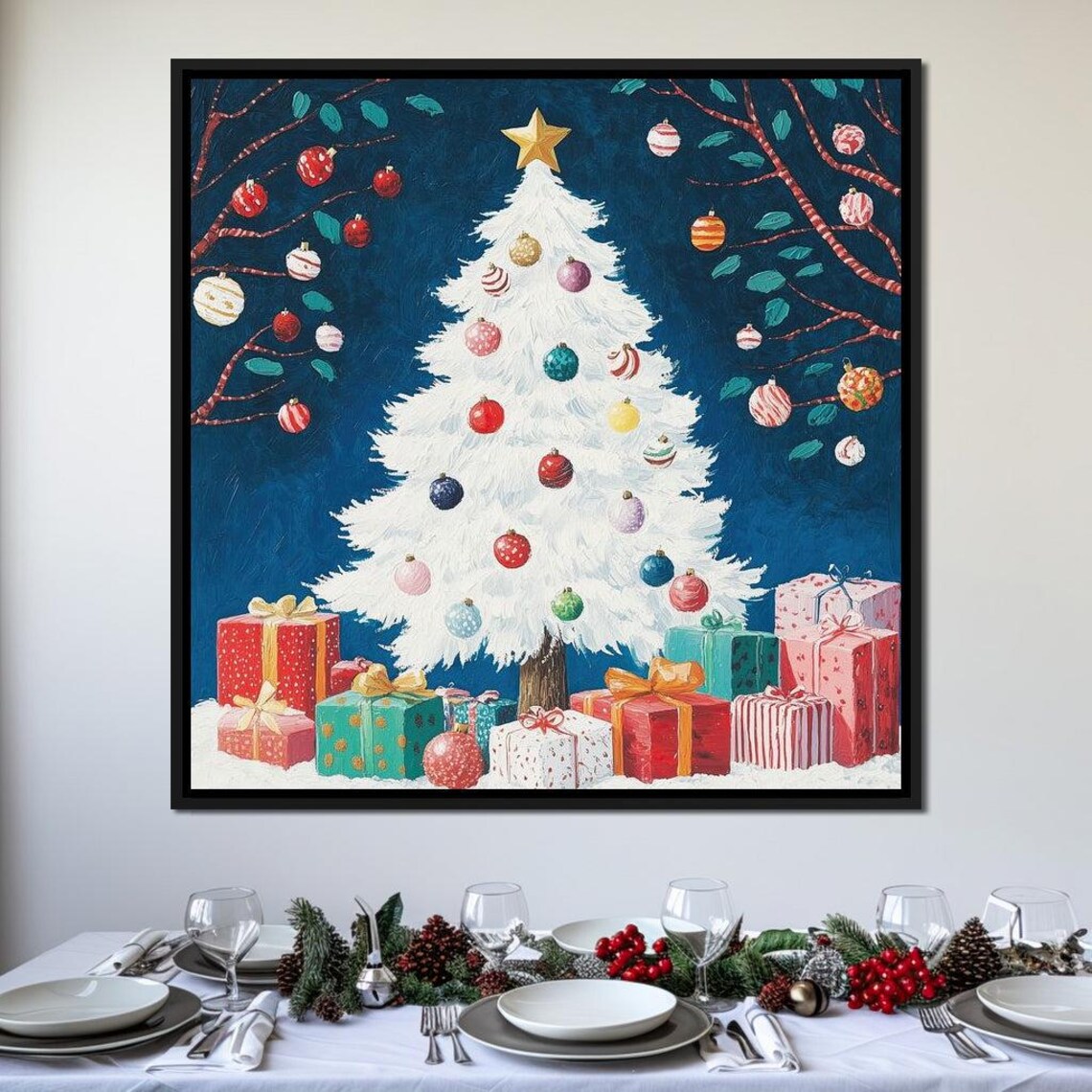 White Christmas Tree With Colorful Ornaments Gifts Holiday Poster