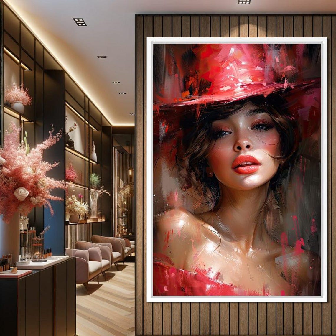 Rose Pink Hat Beauty Soft Romantic Painterly Portrait Wall Art - Image 4