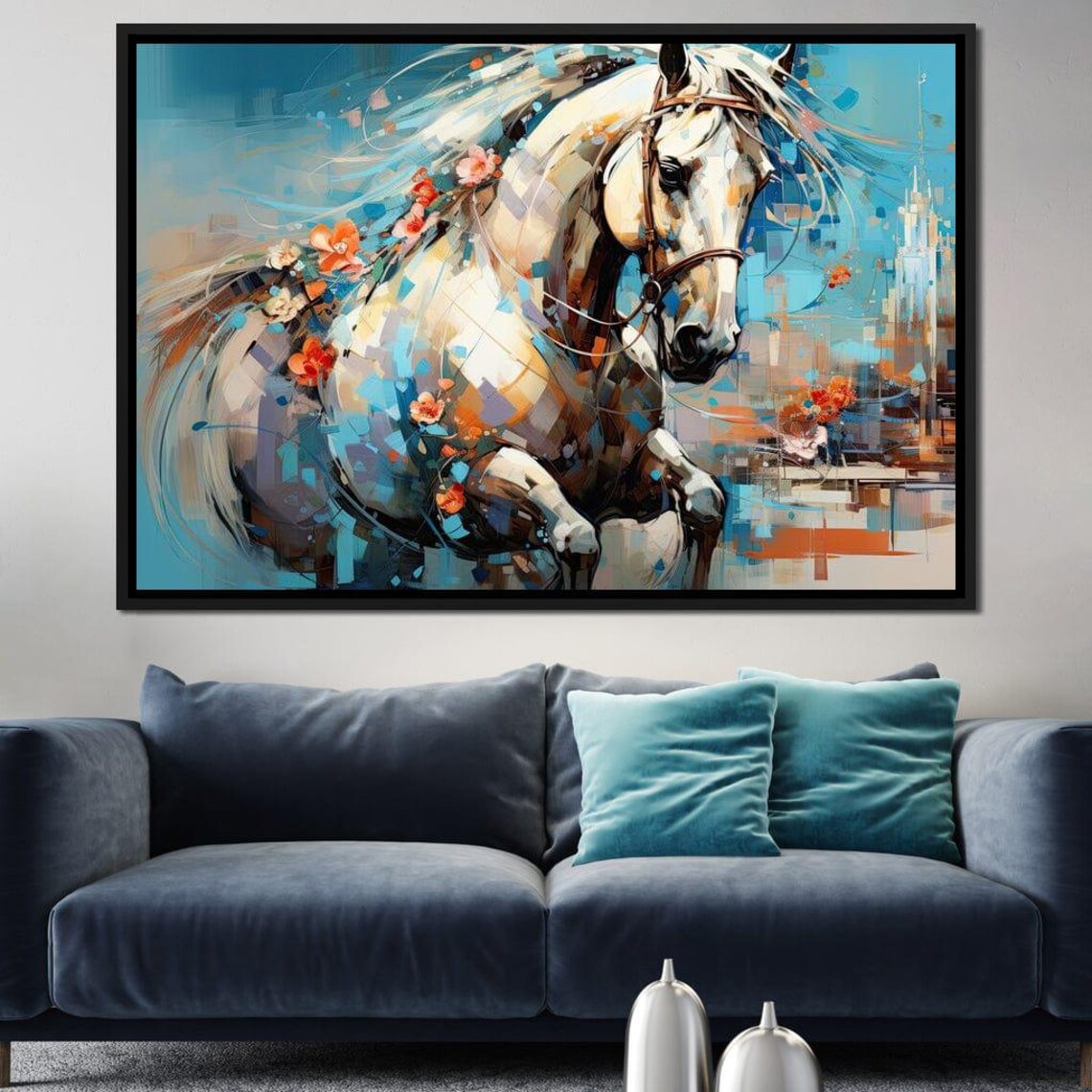 White Galloping Horse Blue Floral Abstract Equine Painting Wall Art - Image 4