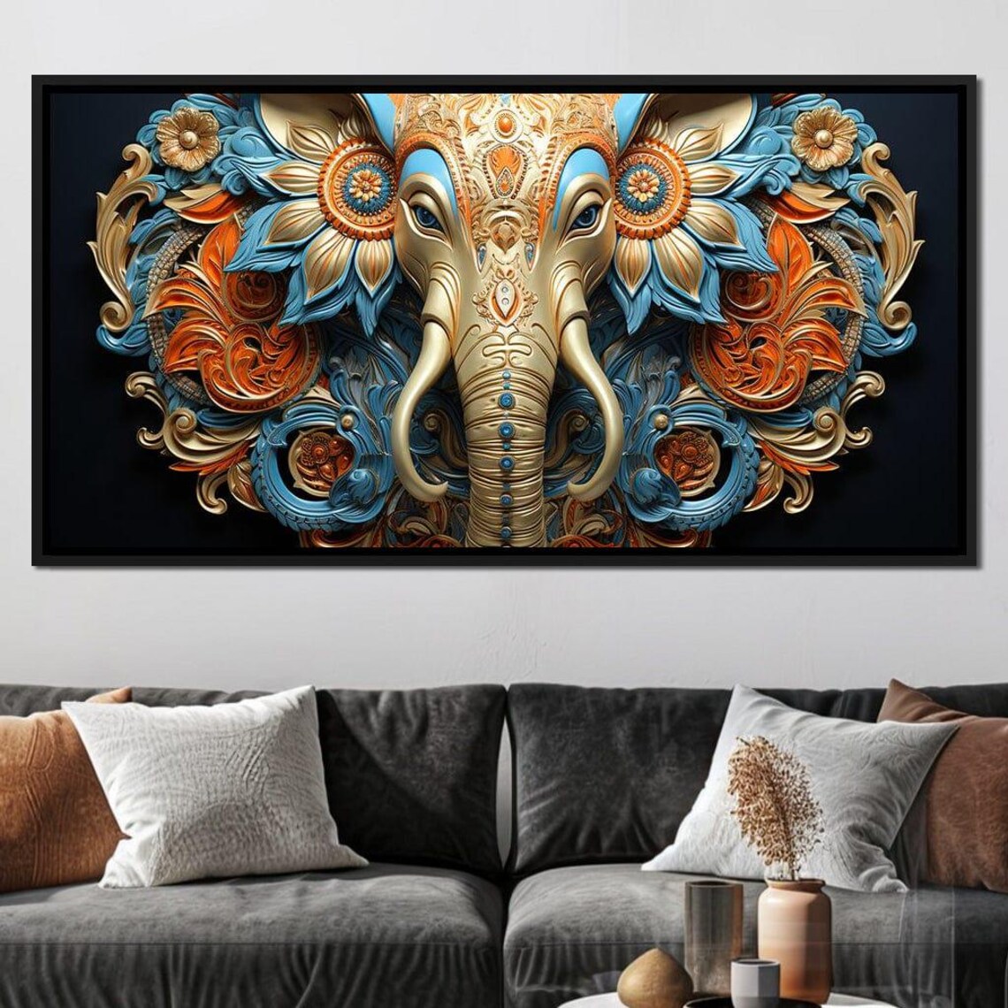 Mandala Elephant Head Blue Orange Gold Ornate Indian Boho Art Print