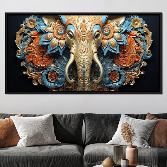Mandala Elephant Head Blue Orange Gold Ornate Indian Boho Art Print