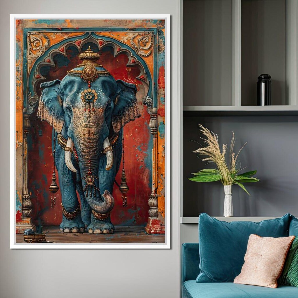 Sapphire Blue Decorated Indian Elephant Gold Jewelry Arch Poster - Image 2