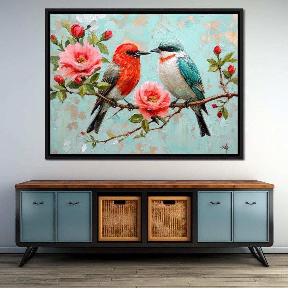 Two Colorful Songbirds Pink Blossom Branch Bird Floral Wall Art Print - Image 3