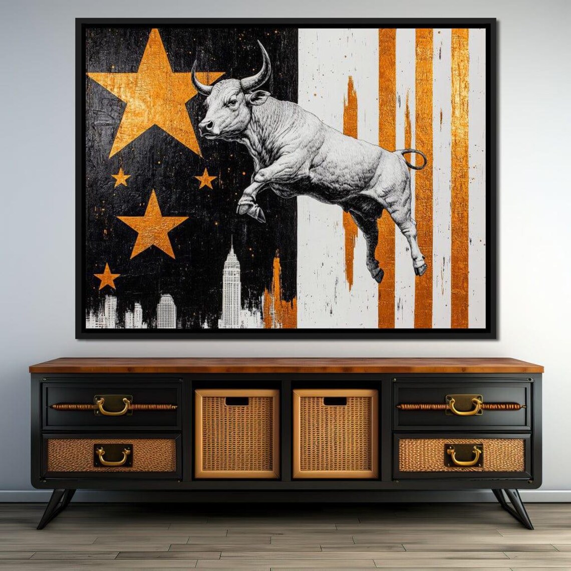 Leaping White Bull Gold Stars City Skyline Black Gold Wall Art Poster