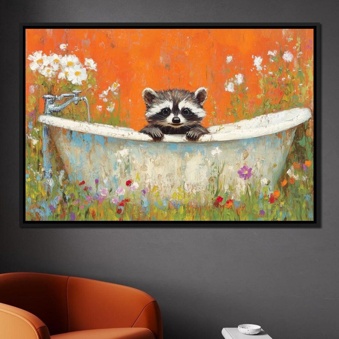 Baby Raccoon Bathtub Wildflower Meadow Orange Background Cute Wall Print - Image 4