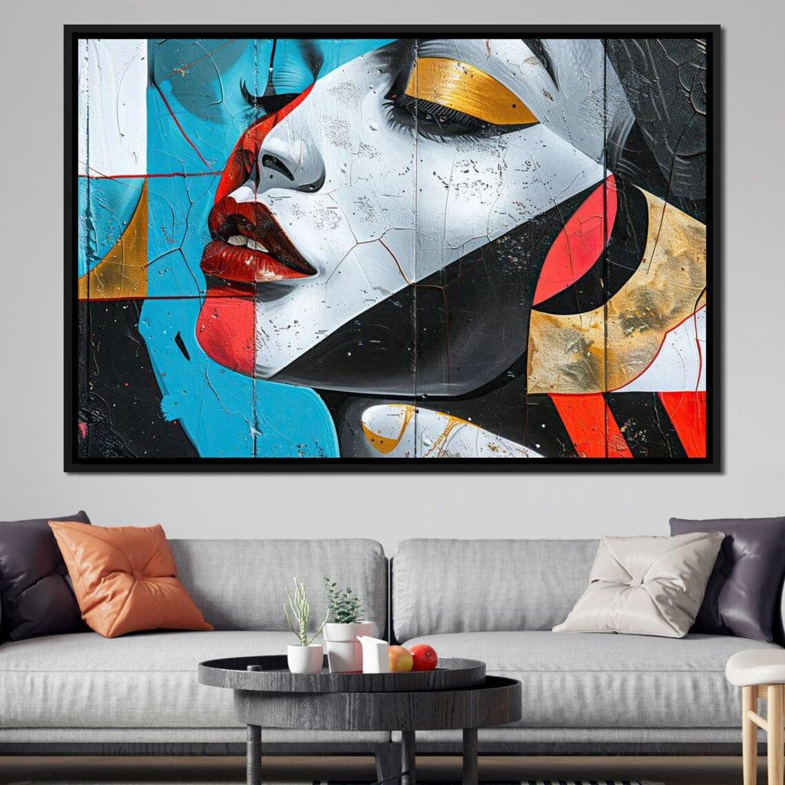 Abstract Blue Red Gold Cubist Woman Face Urban Wall Art Poster - Image 4