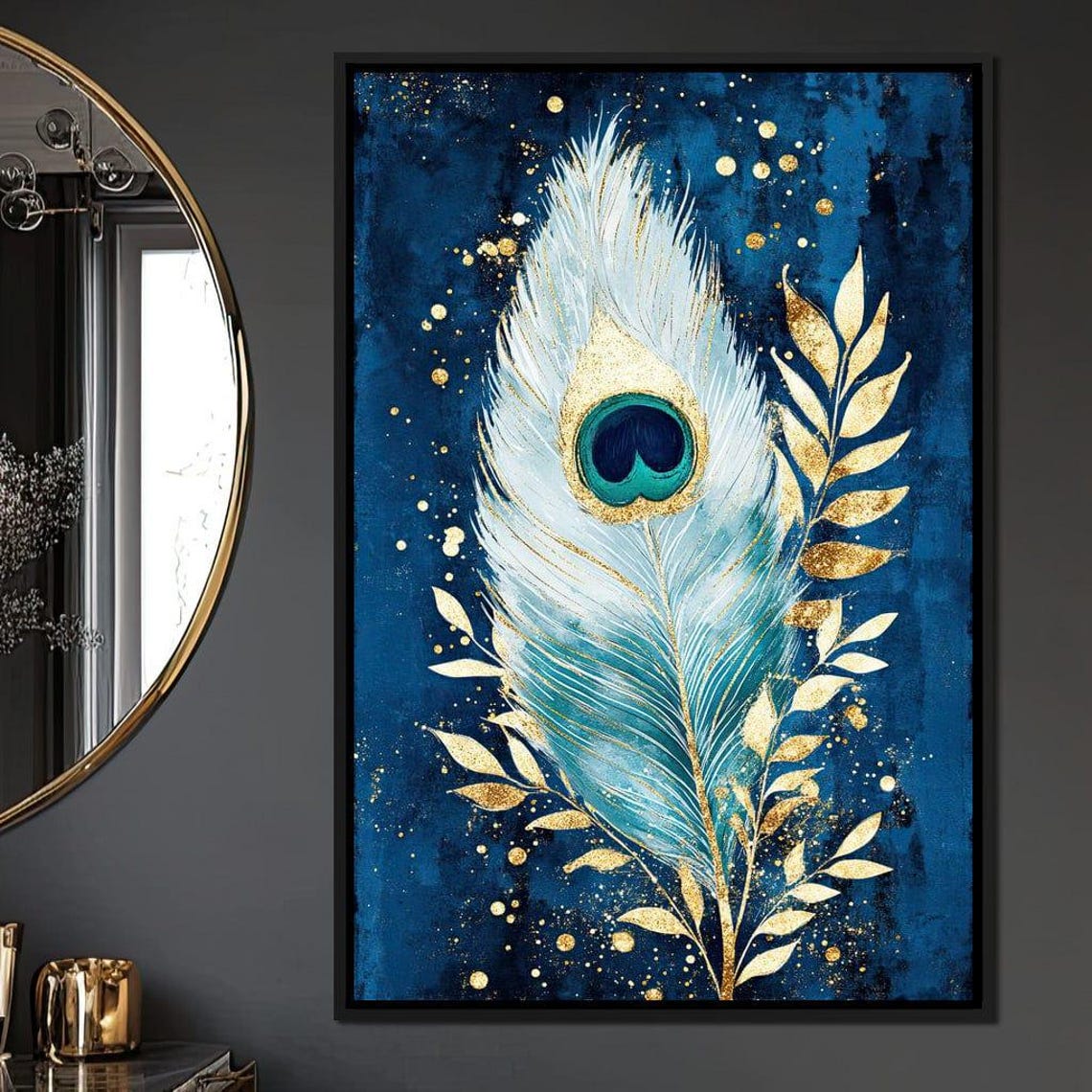 White And Gold Peacock Feather On Deep Navy Blue Luxury Wall Art