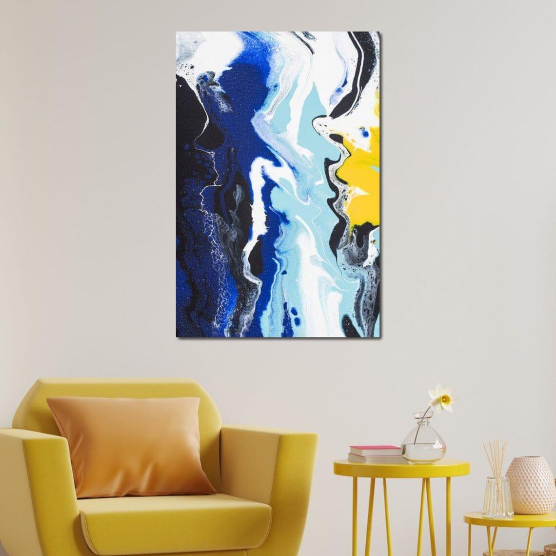 Navy Blue Yellow White Fluid Marble Abstract Painting Wall Art - Image 3