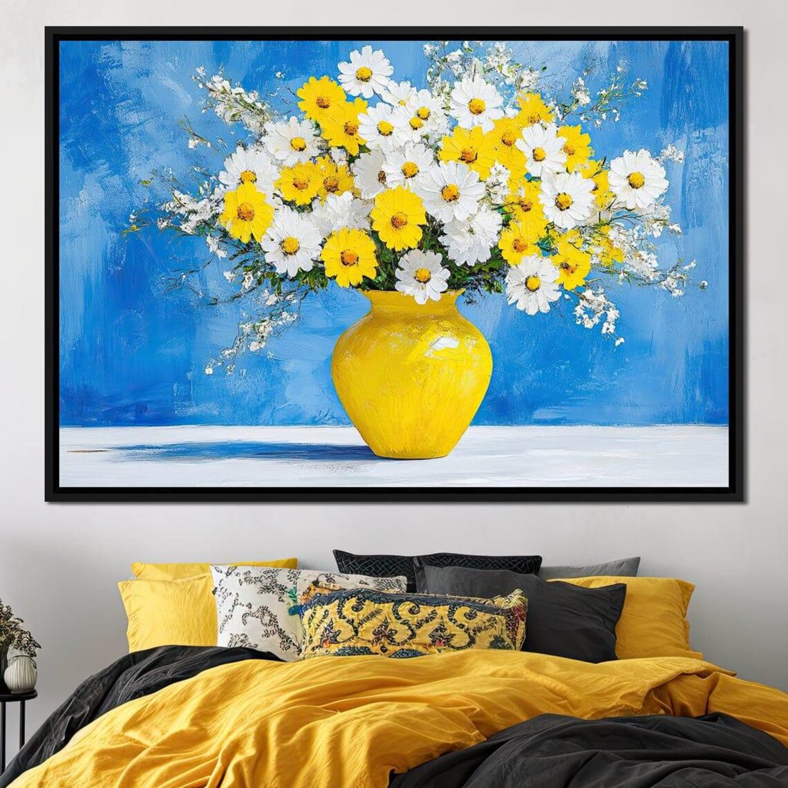 Yellow And White Daisies In A Yellow Vase Blue Floral Poster
