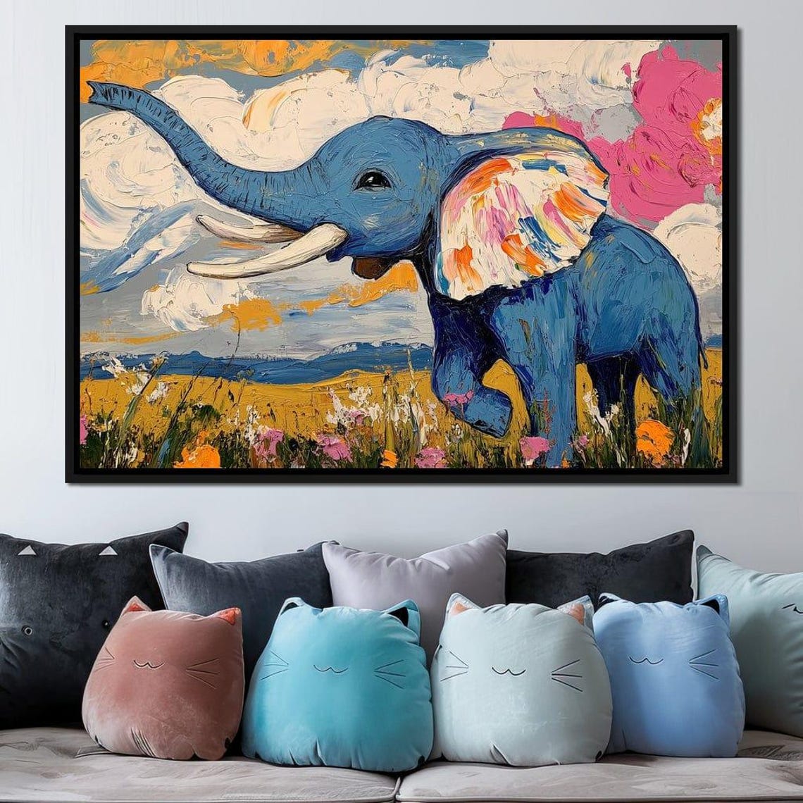 Dancing Blue Elephant Flower Field Colorful Clouds Impasto Art Poster - Image 4