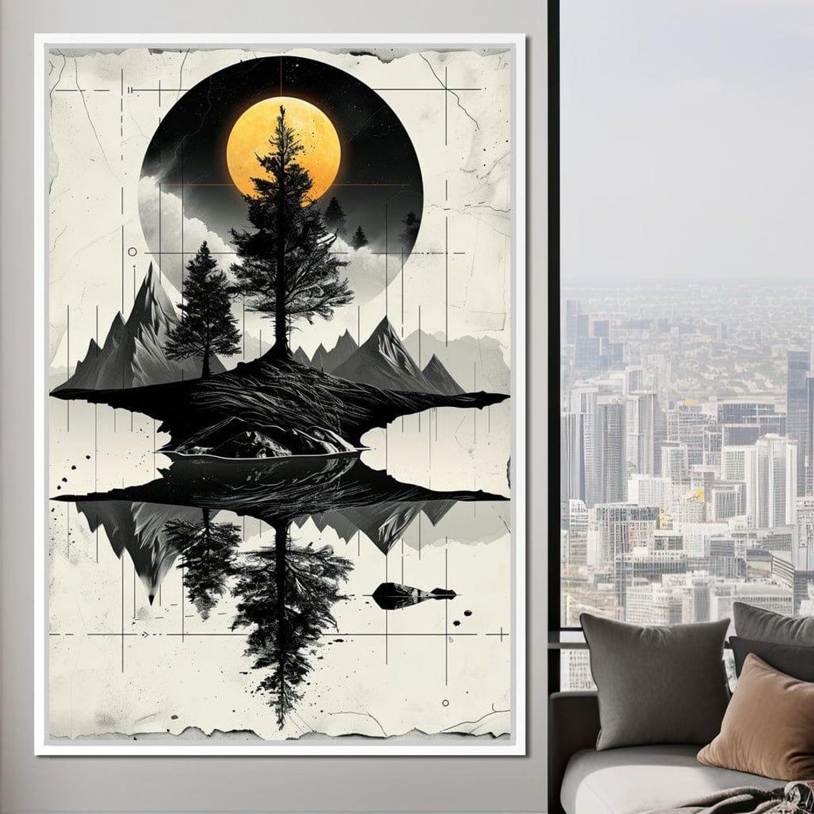 Moonlit Mountain Reflection Minimalist Black And White Wall Art - Image 3