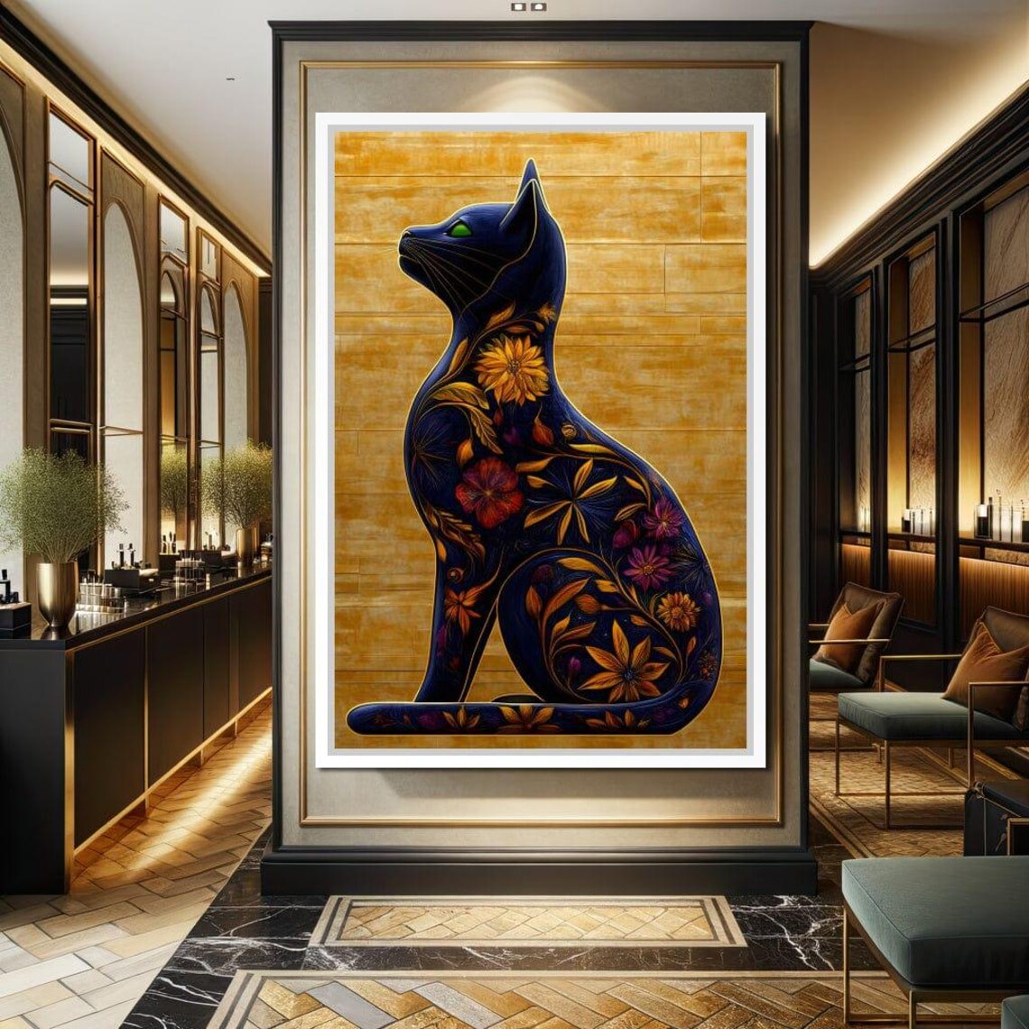 Black Cat Silhouette Floral Pattern Gold Background Decorative Wall Art Poster - Image 4