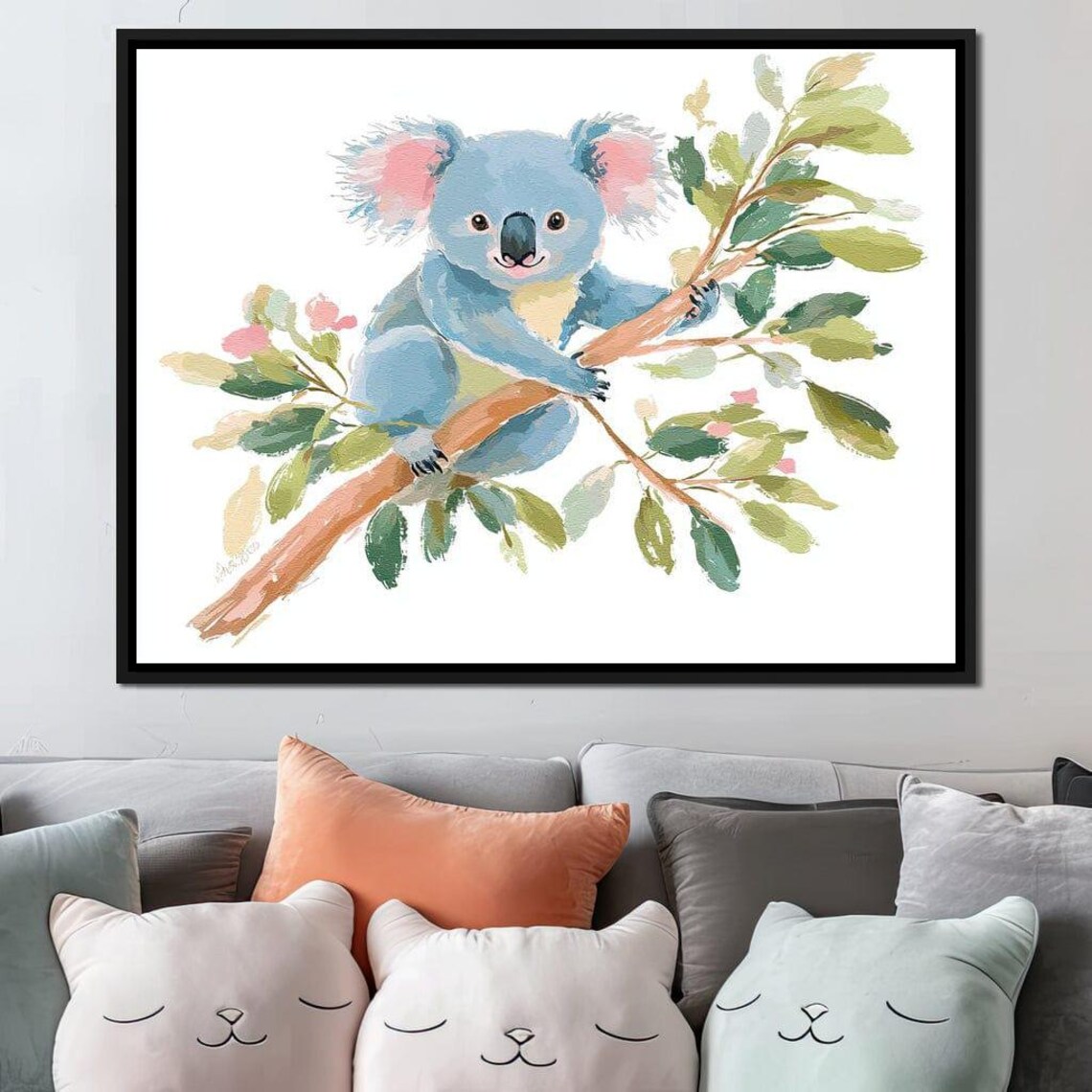 Sleepy Blue Koala Resting On A Eucalyptus Branch Pastel Nursery Wall Art - Image 3