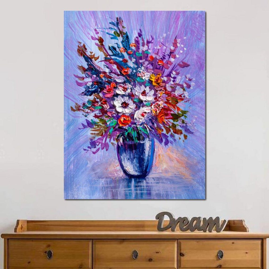 Wildflower Bouquet Impasto Blue Vase Purple Background Wall Art - Image 3