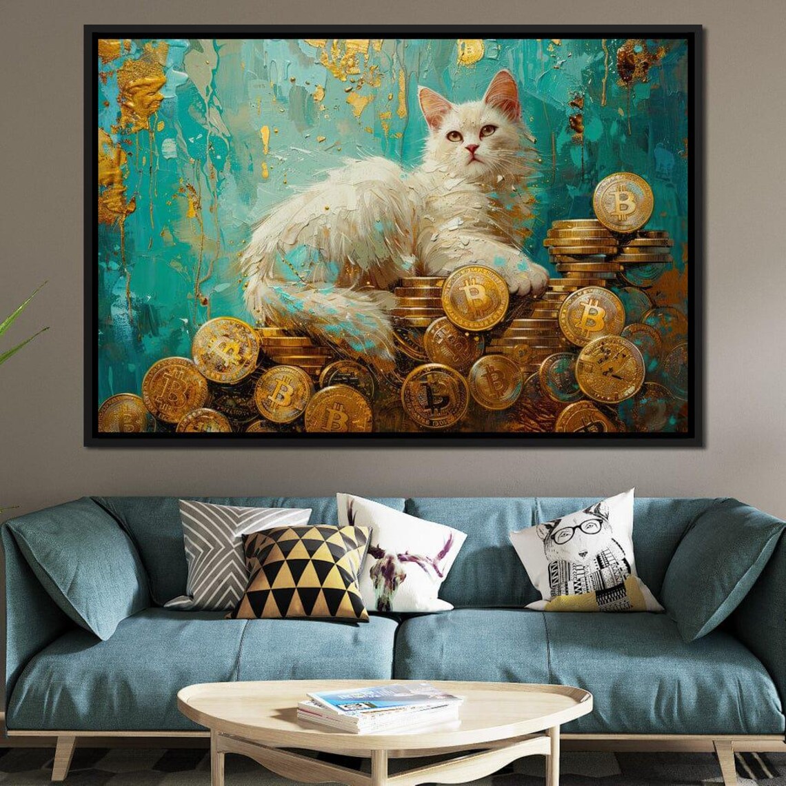 White Cat Bitcoin Gold Coins Crypto Whimsical Animal Art Poster - Image 2