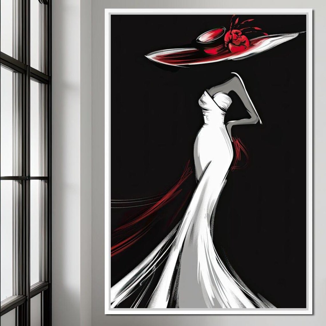 Noir Chic Fashion Sketch Woman In White Gown Red Accent Black Art Poster - Image 4