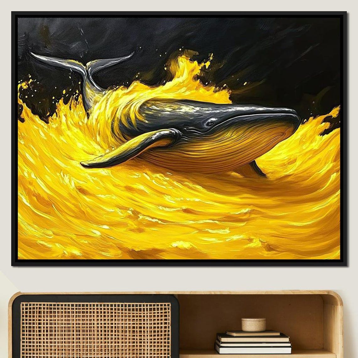 Humpback Whale Golden Ocean Waves Dramatic Black Nautical Art Print - Image 4